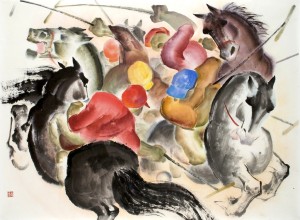 Zeng Shanqing 2008. Polo Play, 2008. Ink and colour on rice paper 37 3/4 x 50 1/2 in (95.9 x 128.3 cm)