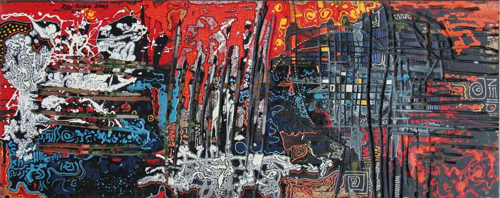 Raymond Soko 2001: Tormented Soul of a Genius, mixed media on wood, 61cm x 152cm approx