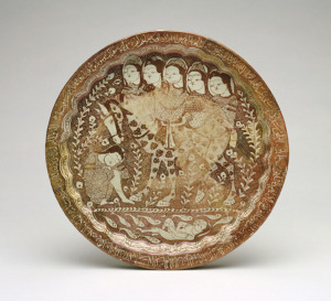 Above and below: Plate; December 1210; Shamsuddin al-Hasani Abu Zayd; Iranian, Saljuq period; Stone-paste painted over glaze with luster; H: 3.7 W: 35.2 D: 35.2 cm; Kashan, Iran; Purchase, Freer Gallery of Art, Smithsonian, F1941.11. Photos: Freer Gallery of Art, Smithsonian Institution, Washington DC